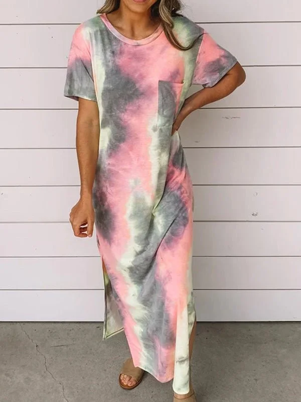 Women's Dresses Tie-Dye Print Crew Neck Pocket Slit Dress