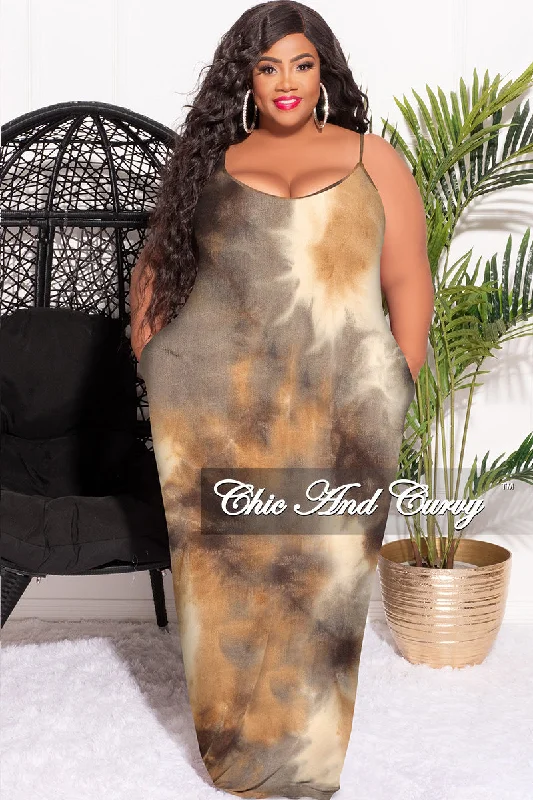 Final Sale Plus Size Spaghetti Strap Maxi Dress Brown Tie Dye