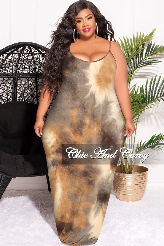 Final Sale Plus Size Spaghetti Strap Maxi Dress Brown Tie Dye