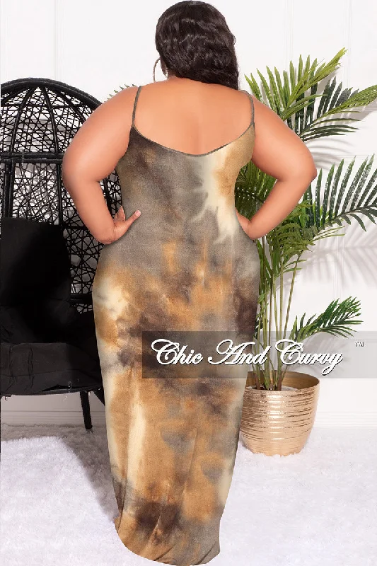 Final Sale Plus Size Spaghetti Strap Maxi Dress Brown Tie Dye