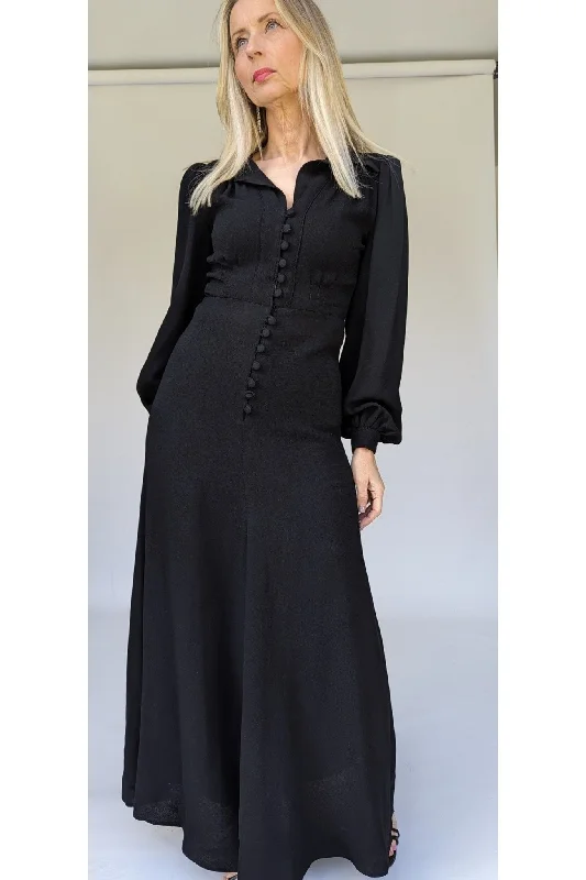 1970s Ossie Clark Black Moss Crepe Maxi Dress