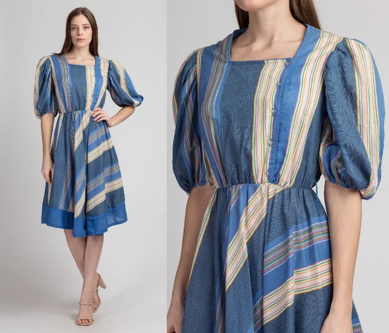 70s 80s Blue Striped Puff Sleeve Dress  - Small to Medium