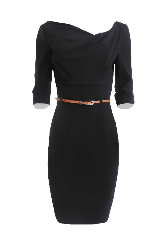 Black Midi Dress With Mid-Sleeves And Belt