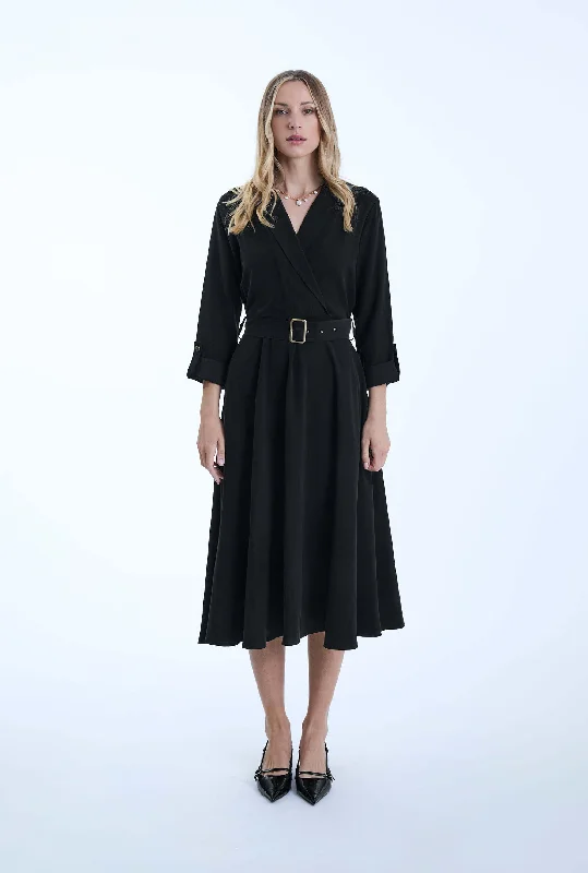 Belted Black Suit Midi Dress