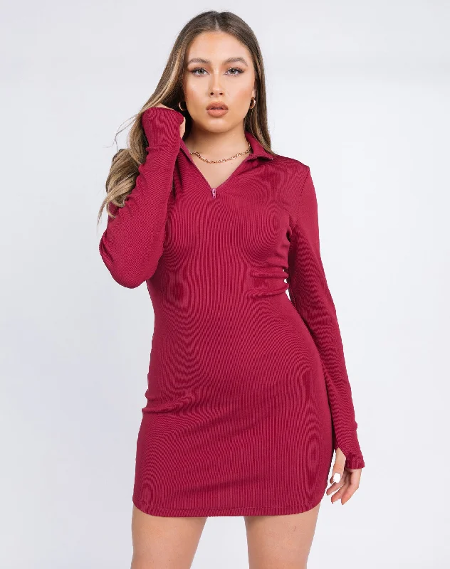 Ribbed Half Zip Long Sleeve Mini Dress in Raspberry Pink | Billie