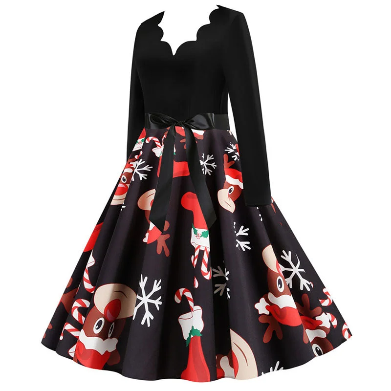 Black Swing Print Vintage Christmas Dress