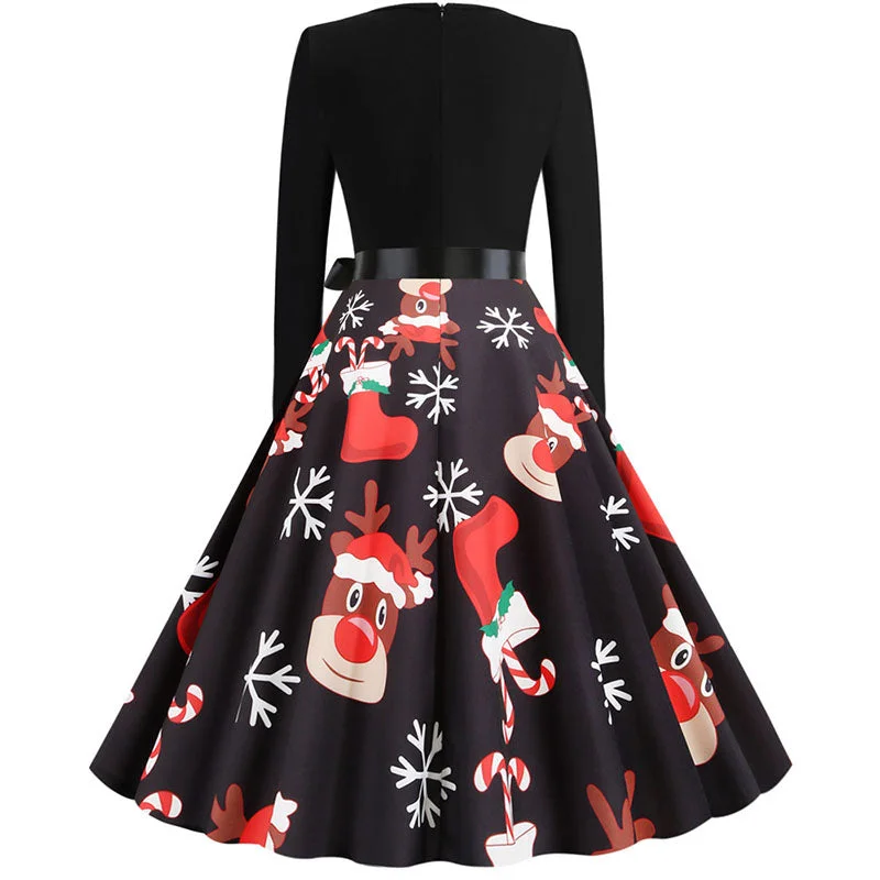 Black Swing Print Vintage Christmas Dress