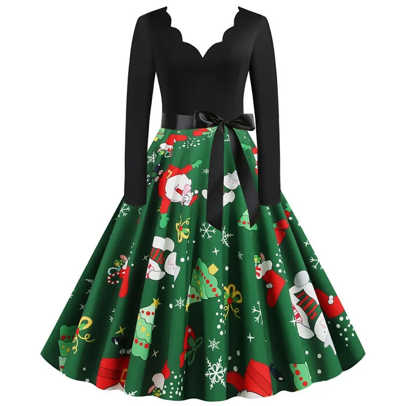 Black Swing Print Vintage Christmas Dress