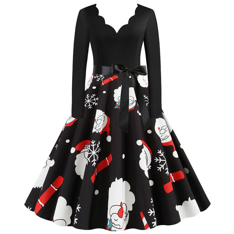 Black Swing Print Vintage Christmas Dress