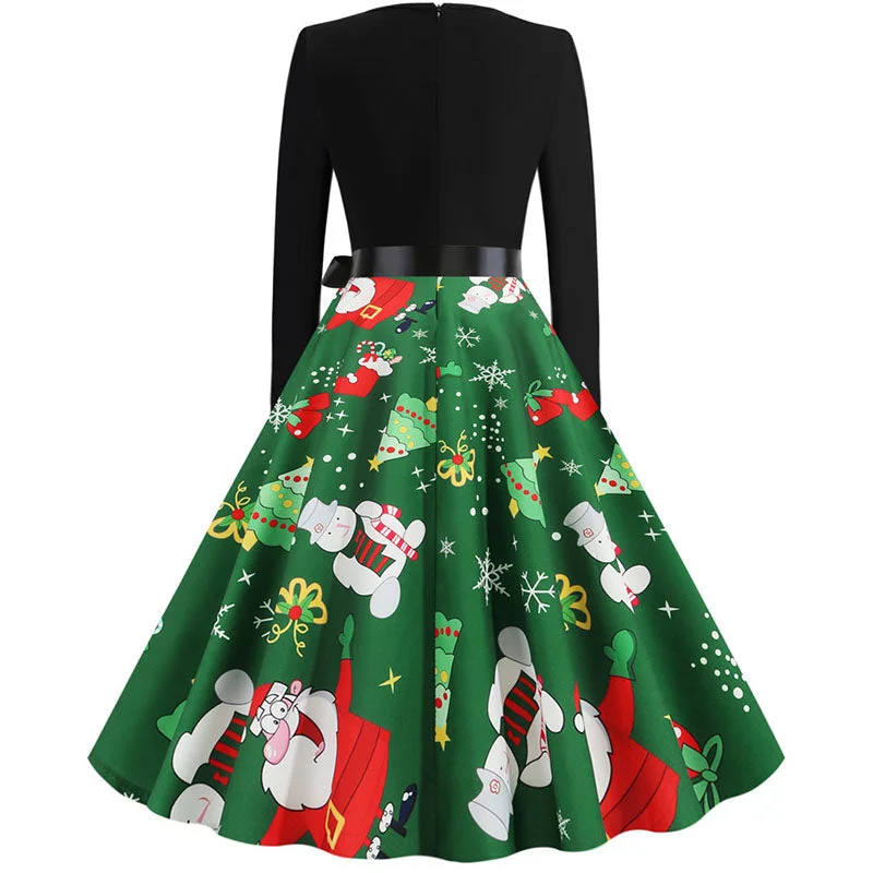 Black Swing Print Vintage Christmas Dress