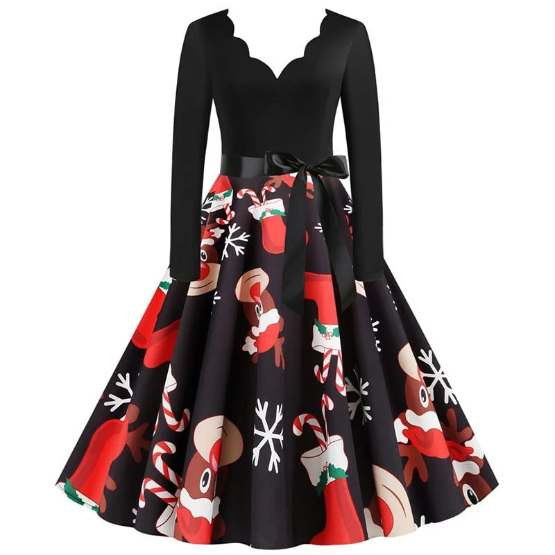 Black Swing Print Vintage Christmas Dress