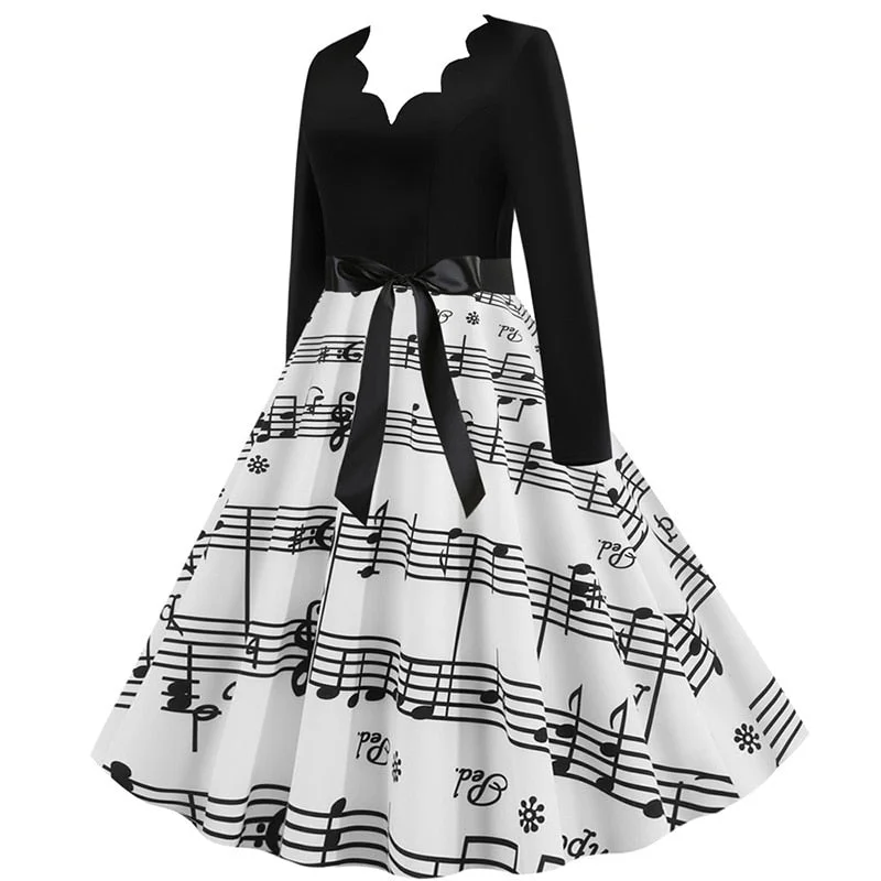 Black Swing Print Vintage Christmas Dress