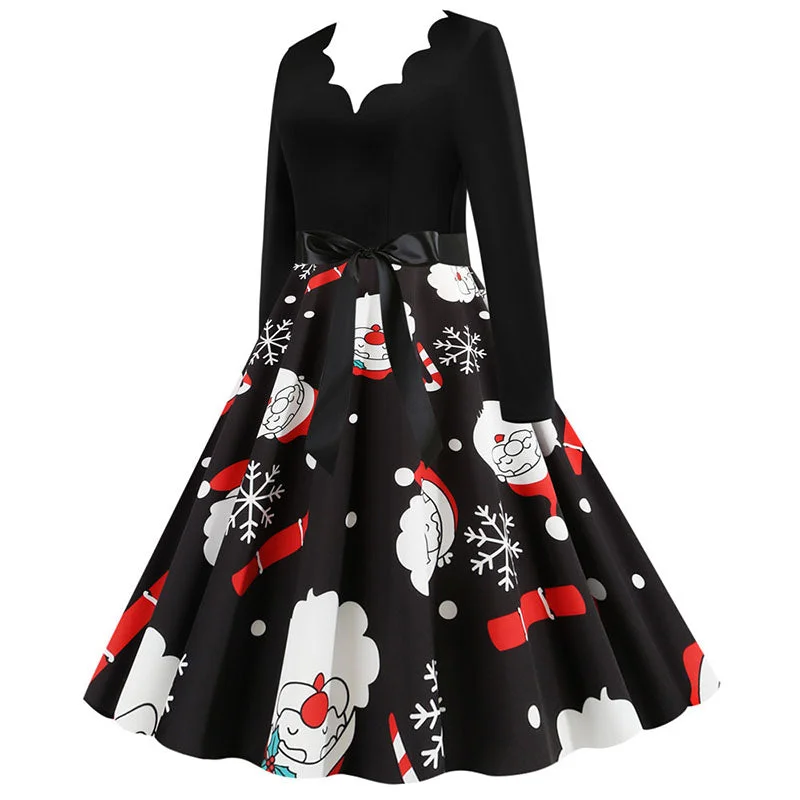 Black Swing Print Vintage Christmas Dress