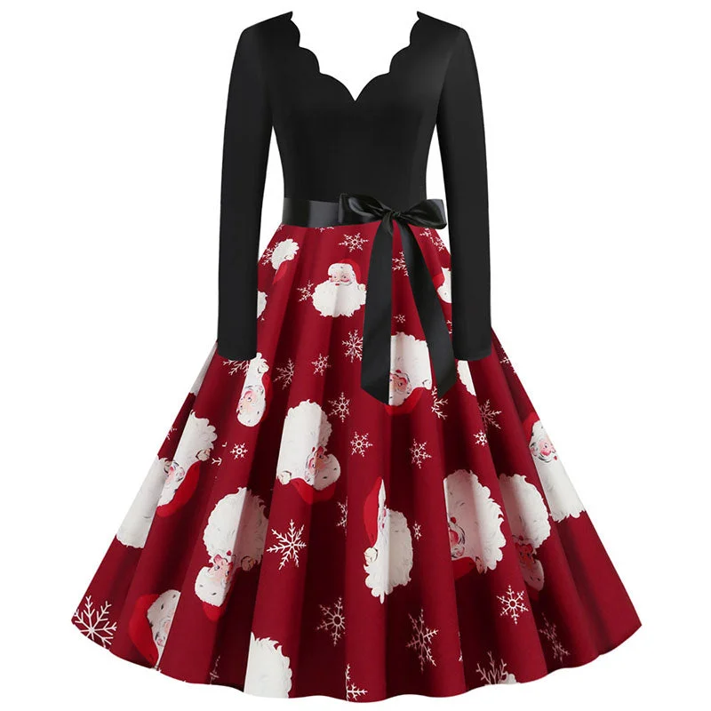 Black Swing Print Vintage Christmas Dress