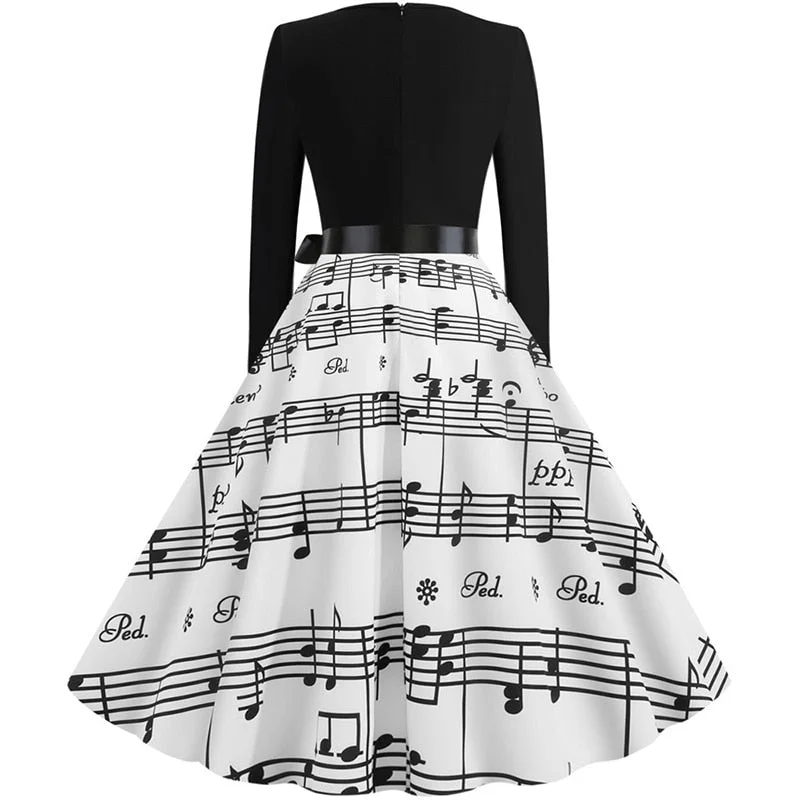 Black Swing Print Vintage Christmas Dress