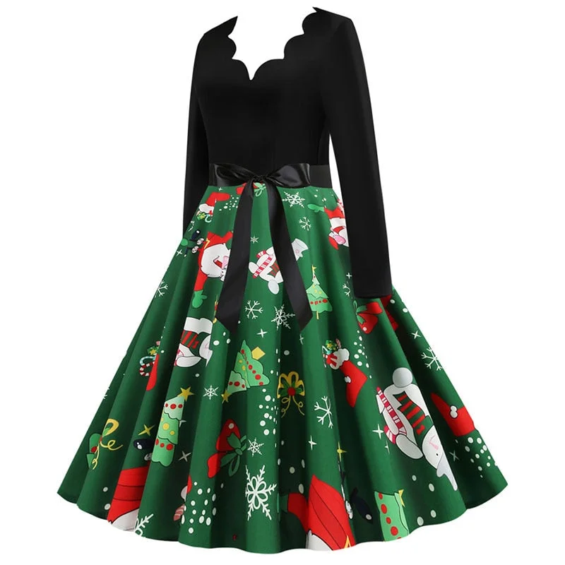 Black Swing Print Vintage Christmas Dress