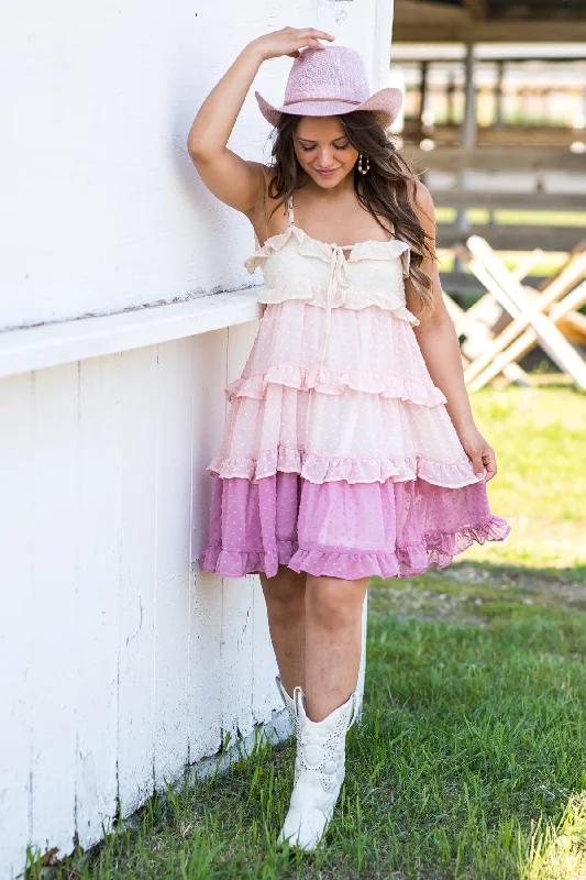 Blush Colorblock Ruffle Trim Swiss Dot Dress