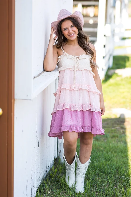 Blush Colorblock Ruffle Trim Swiss Dot Dress