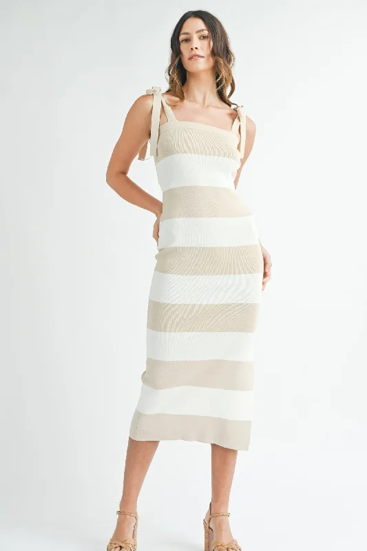 Bow Shoulder Wide Stripe Dress in Taupe