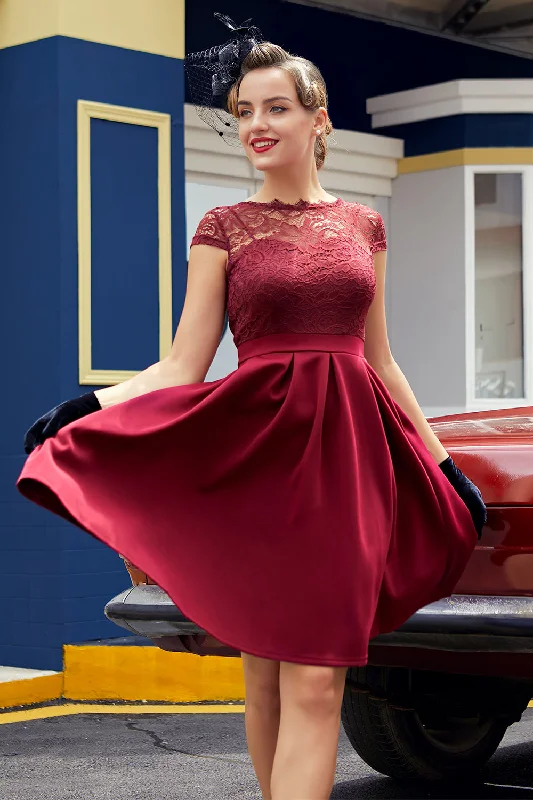 Burgundy Retro 1950s Dress With Lace