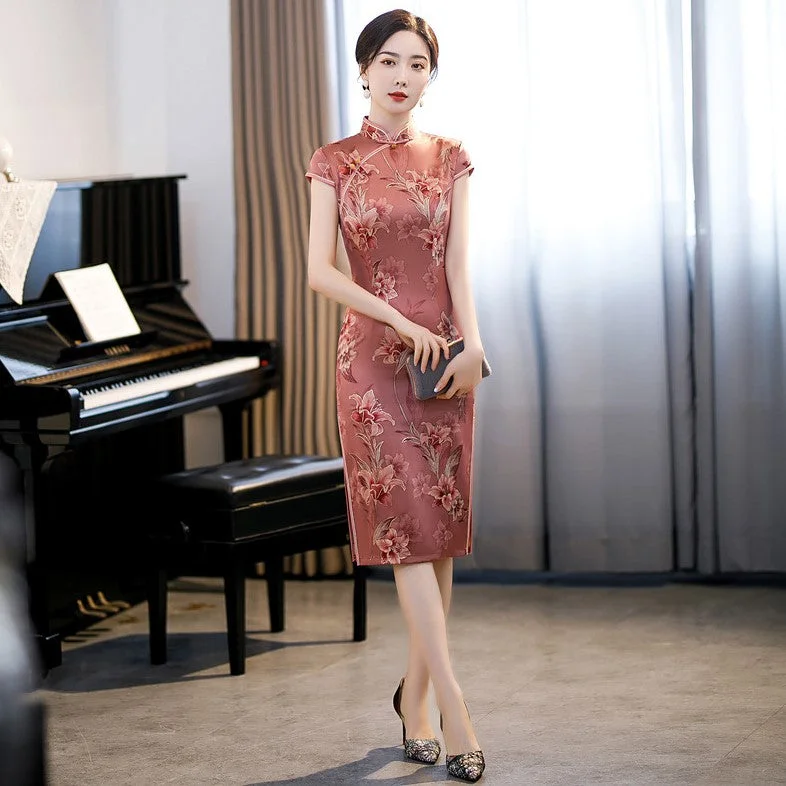 Cap Sleeve Traditional Cheongsam Knee Length Floral Chinese Dress