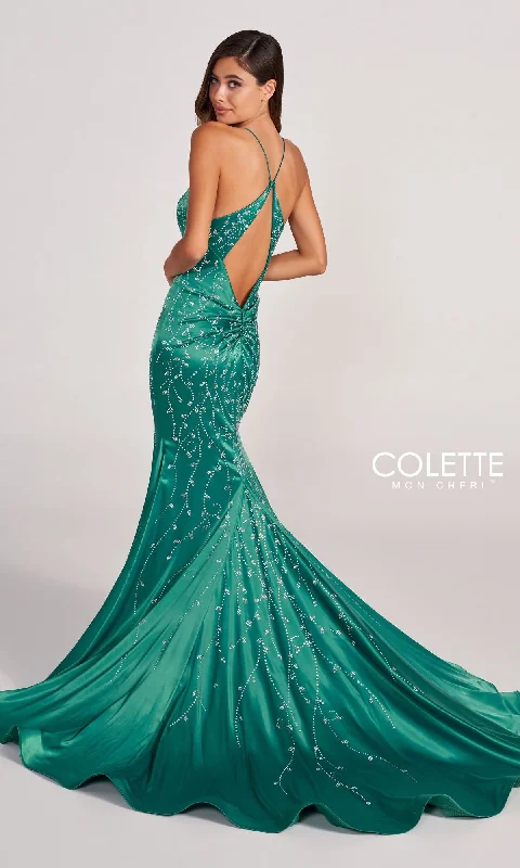 Colette CL2043 Keyhole-Back Long Satin Prom Dress