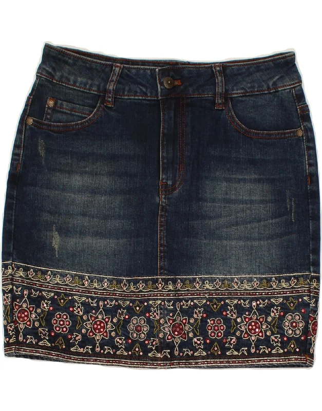 DESIGUAL Womens Denim Skirt W28 Medium  Blue Floral Cotton