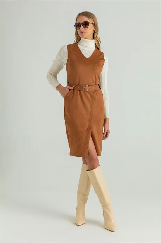 Double Breasted Suede Dress - CAMEL REF : BAW157ELB0086394