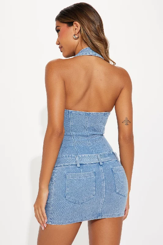 Evangeline Denim Micro Mini Dress - Light Wash