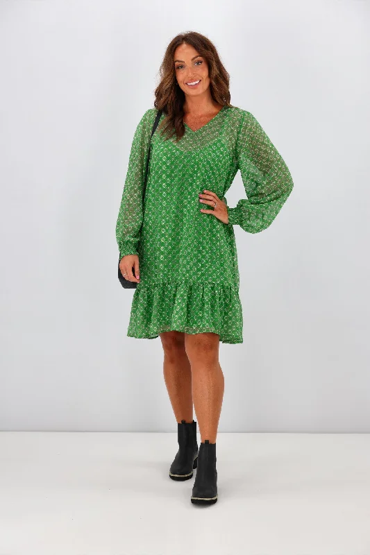 Gloss by Shine On Laura Hem Tier Dress Green Geo Print