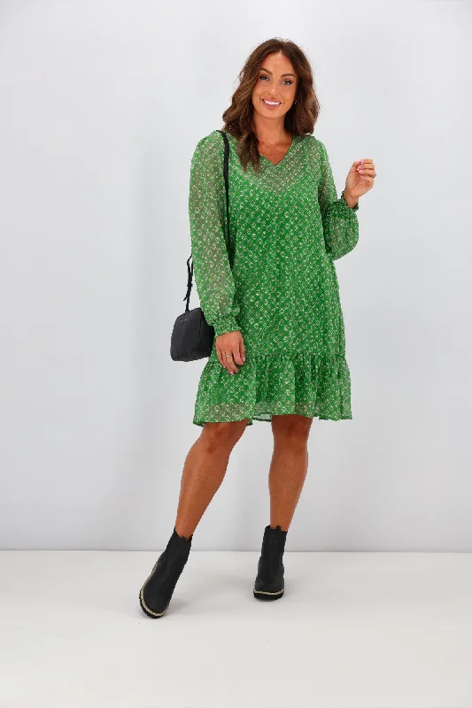 Gloss by Shine On Laura Hem Tier Dress Green Geo Print