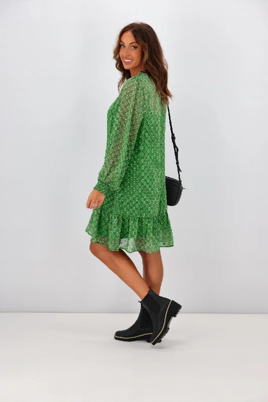 Gloss by Shine On Laura Hem Tier Dress Green Geo Print