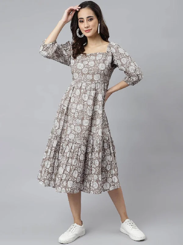 Grey Cotton Floral Print Flared Western Dress