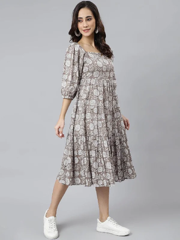 Grey Cotton Floral Print Flared Western Dress