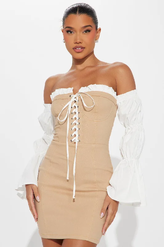 Lace-Up Lovestruck Denim Mini Dress - Taupe