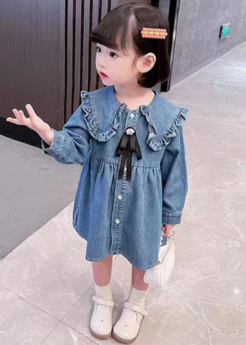 Lovely Blue Ruffled Button Shirt Girls Long Dress Long Sleeve XZ011