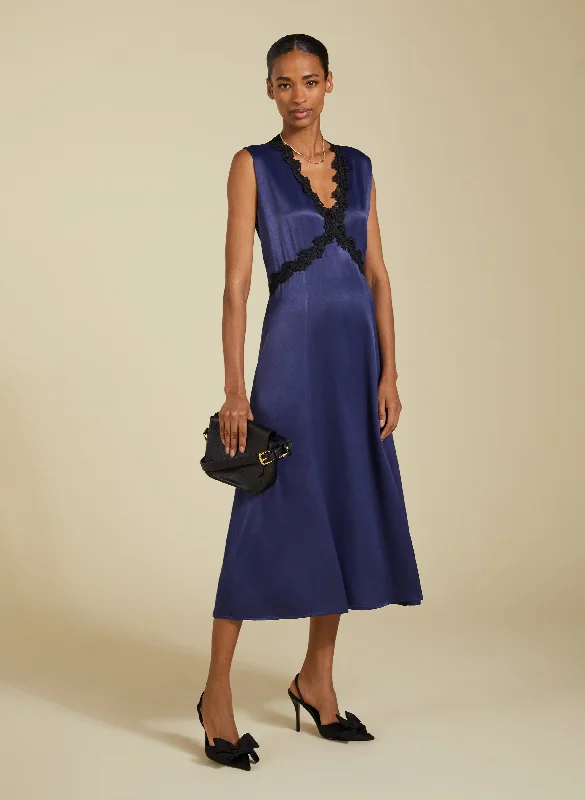 Marcella Satin V-Neck Midi Dress