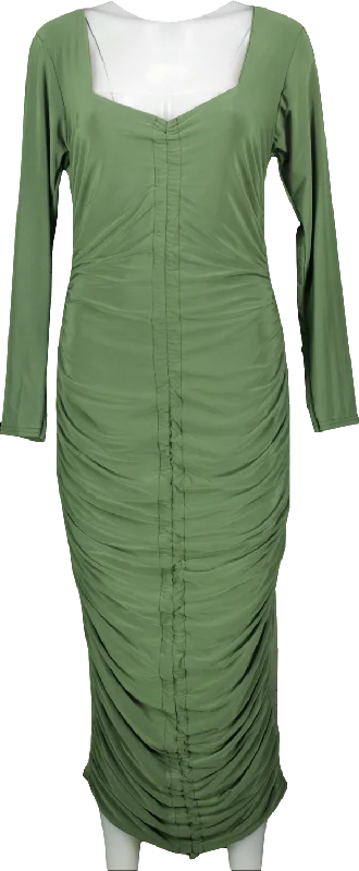 Missguided Green Khaki Long Sleeve Slinky Ruched Midi Dress Bnwt UK 18