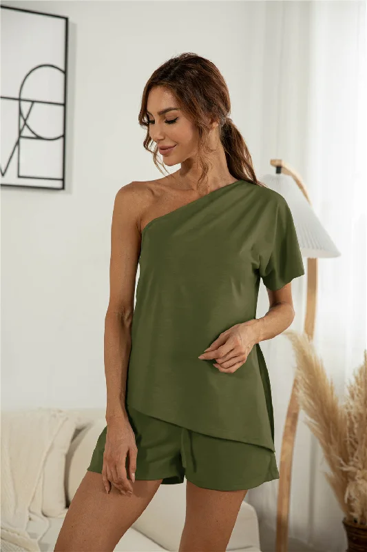 Vireous Off-the-Shoulder Short Sleeve Women's Two-Piece Set with Shorts