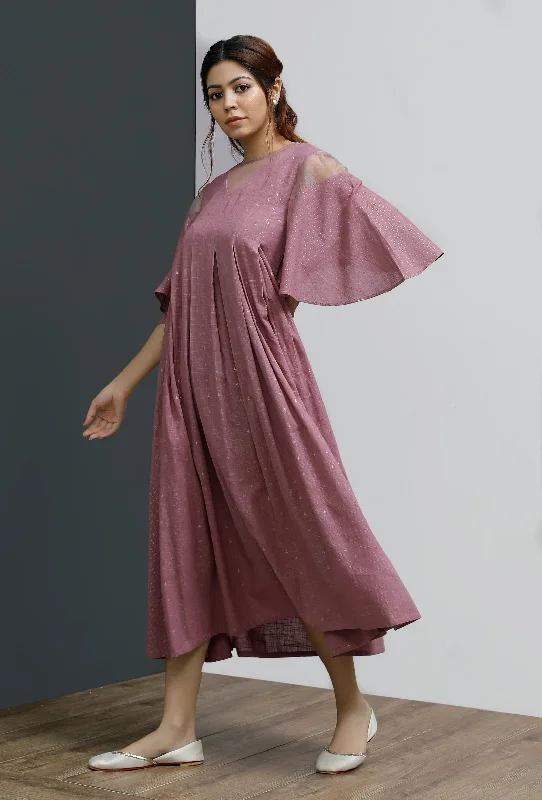 Onion Pink Hand-Block Printed Box Pleated A Line Dress