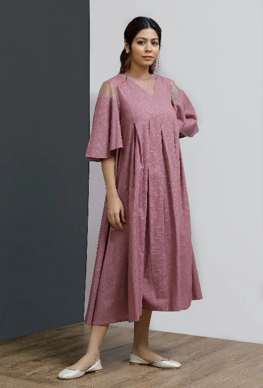 Onion Pink Hand-Block Printed Box Pleated A Line Dress