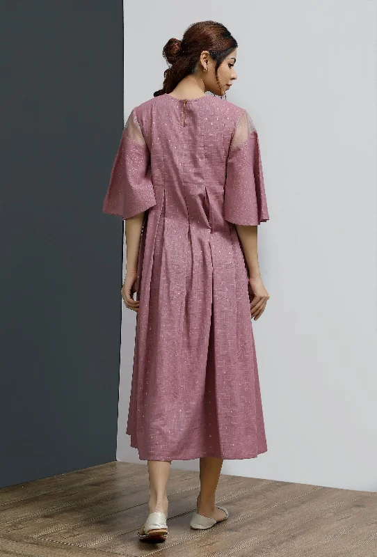 Onion Pink Hand-Block Printed Box Pleated A Line Dress