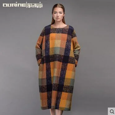 Outline Women Plaid Autumn Dress Vintage Cotton Loose Pullover Pockets Plus Size Print Full Sleeve O-neck Long Dresses L153Y008