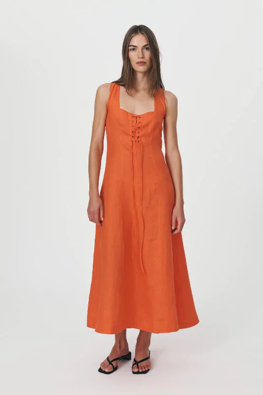 Portia Linen Midi Dress - Spicy Orange