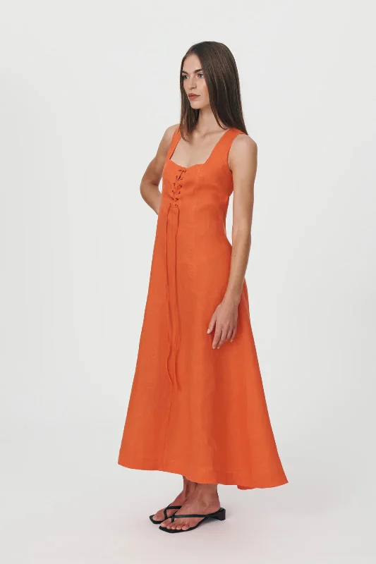 Portia Linen Midi Dress - Spicy Orange