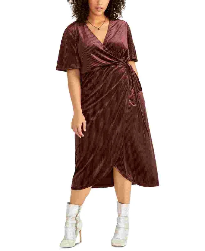 Rachel Roy Women's  Velvet Short Sleeve V Neck Midi Wrap Dress Wear To Work Dress Burgundy Size   0X