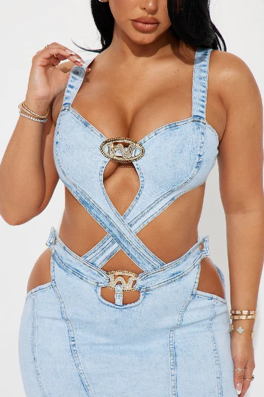 Rebel In Blue Denim Micro Mini Dress - Light Wash