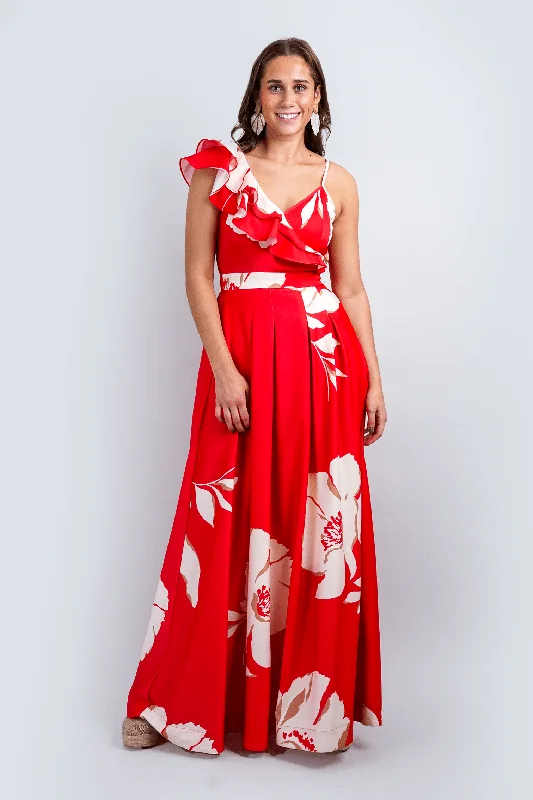 Red Ivory One Ruffle Straps Gown