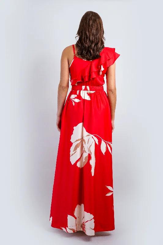 Red Ivory One Ruffle Straps Gown