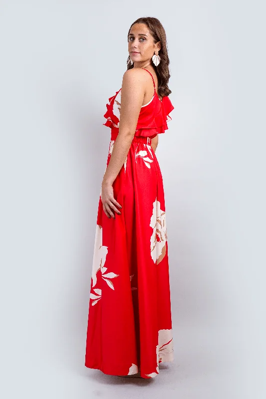 Red Ivory One Ruffle Straps Gown